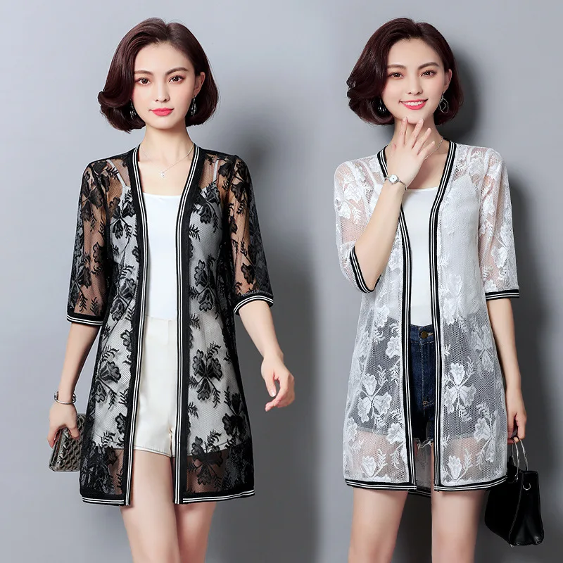 LXMSTH L 5XL кардиган для женщин длинный летний 2019 модные лоскутные кружевные рубашки