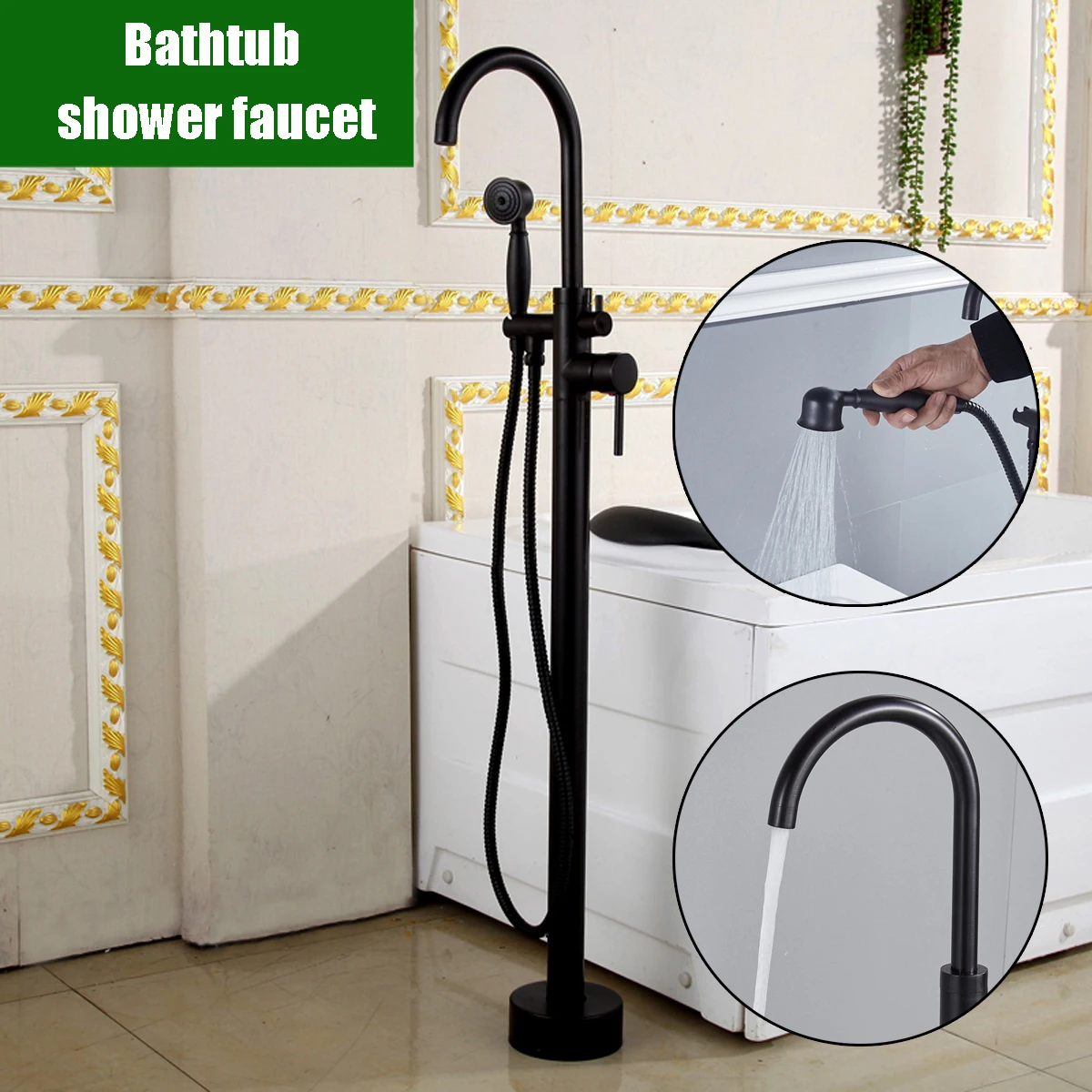 

Black Standing Bathroom Tub Faucet Tub Single Handle Bathtub Mixer Taps Portable 360Rotation Bathtub Shower Sprayer Ground Mount