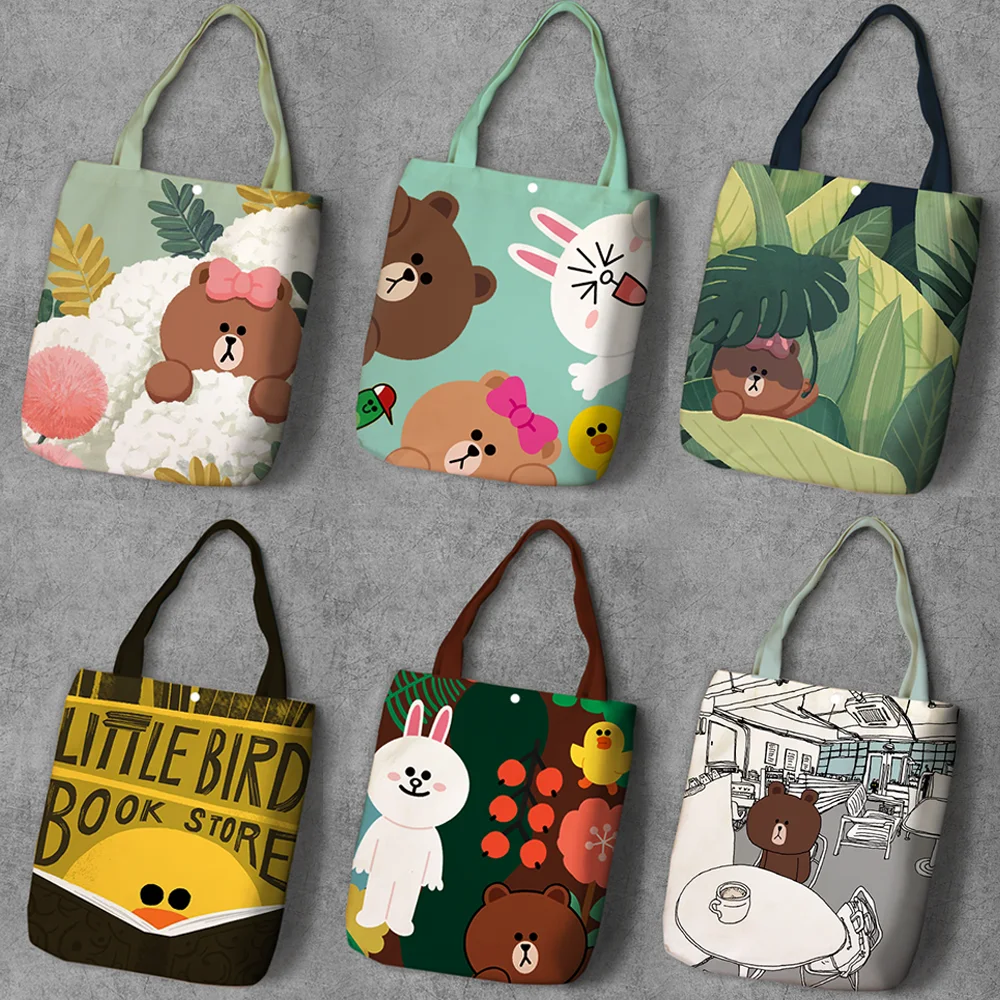 

BROWN CONY Pangyo Cartoon Printed Canvas Recycle Shopping Bag Large Capacity Customize Tote Fashion Ladies Casual Shoulder Bags