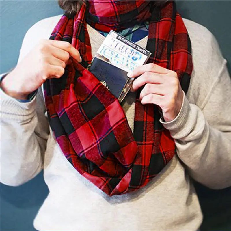  Women Man Plaid Print Convertible Infinity Scarf Loop Zipper Pocket women's scarves handkerchief hi
