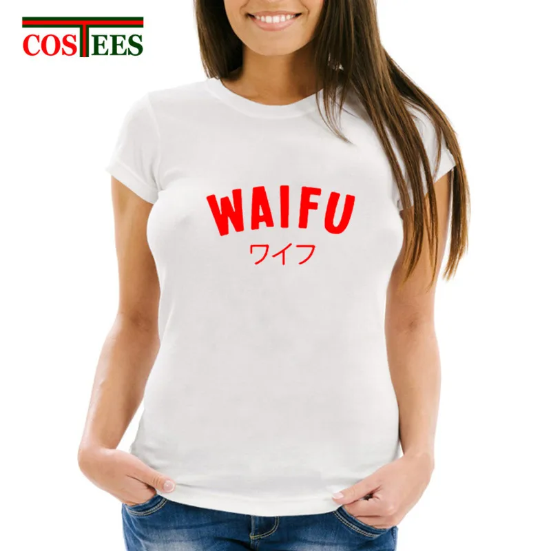 WAIFU японский стиль Харадзюку с красными буквами женская футболка хлопковая