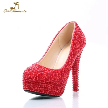 

Wholesale Price Red Pearl Women Pumps 4 Inches High Heel Anniversary Party Shoes Comfortable Wedding Bridal Shoes True Size 45
