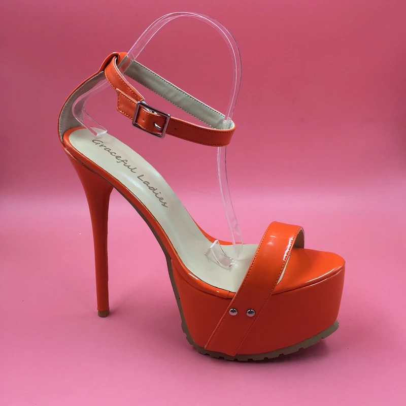 Orange Patent Leather Women Sandal Ankle Strap Cover Heel High Heel