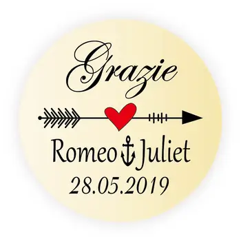

DouxArt 100pcs Favors Stickers Personalized Grazi , 40MM Heart Freccia Wedding Engagement Party Communion Gift Labels V1148