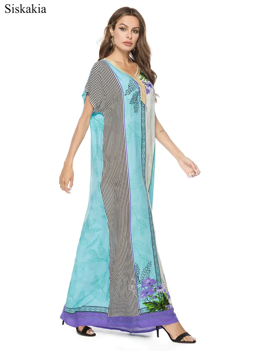 Siskakia Stripe Print Maxi Long Dress Women Elegant Loose Bohemia Style Female Long Dresses Light Blue V Neck Short Sleeve New (6)