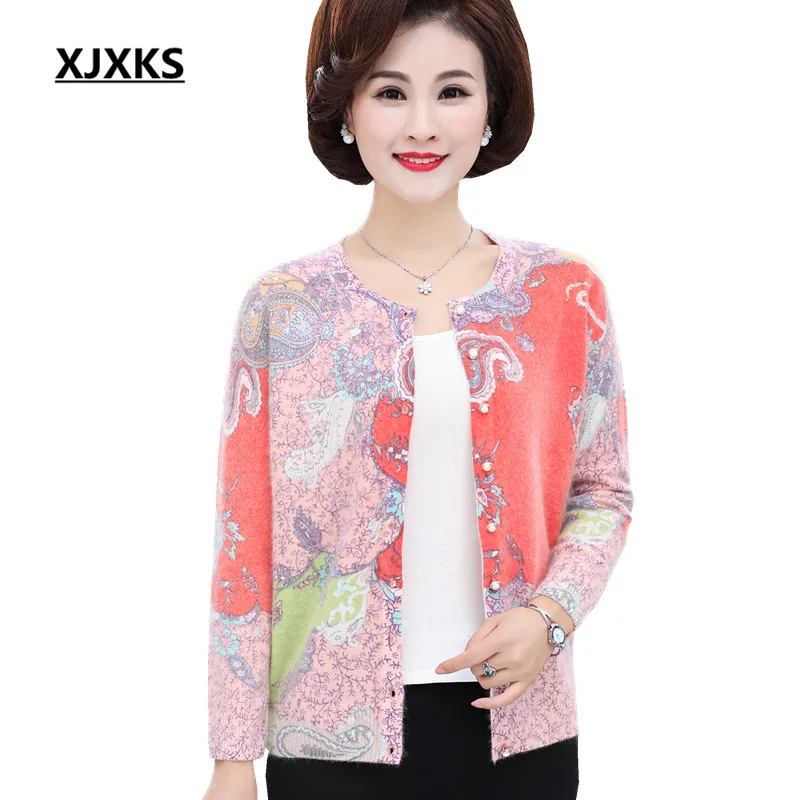 

XJXKS Women's Cardigan Autumn Winter 2019 New Print Comfortable Rabbit Cashmere + Cashmere High Quality Sweater Cardigan Women