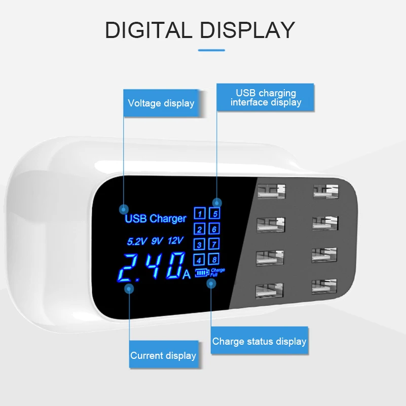 8 портов Смарт USB Зарядное устройство Док-станция с светодиодный дисплей планшет мобильный телефон зарядное устройство Зарядка настольный адаптер питания розетка