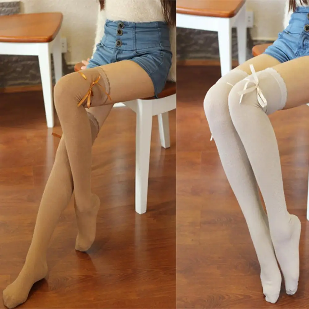 

1Pair Fashion Women Bowknot Ribbon Over Knee Thigh High Soft Cotton Breathable Socks Long Knittd Boot Vaction Socks