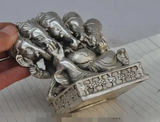 

S1101 Tibet Buddhism Silver 5 Head Ganapati Ganesh Lord Ganesha Elephant Buddha Statue