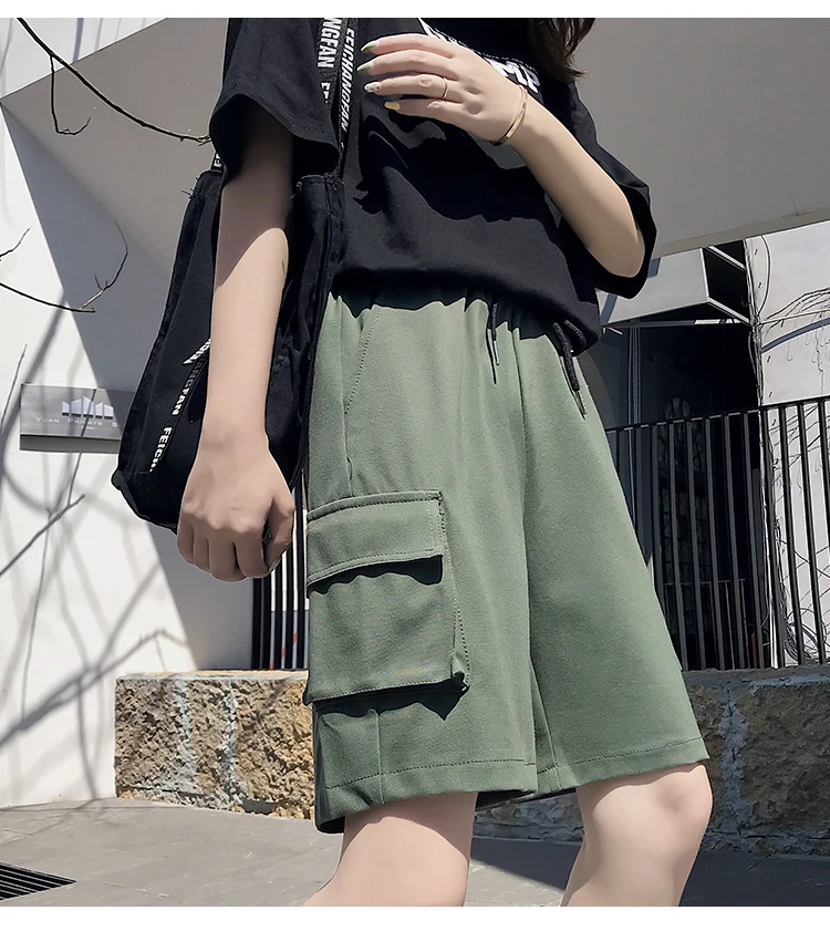 Jielur Новые Летние черные шорты женские повседневные корейские карго широкие шорты 3 цвета карманы крутые свободные уличные шорты женский