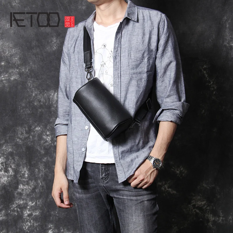 

BJYL Head cowhide single shoulder crossbody bag male leather handmade chest bag casual fashion bucket bag