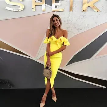 

Sexy Women Dress New Fashion Sequined V-neck Ruffle Open Fork Bnadage Dress Sexy Elegant Party Dress