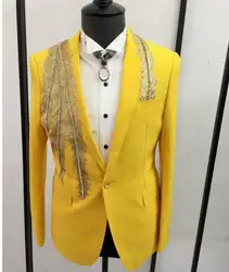 Певица звезда Стиль Танцы этап Мужчины костюм мужские свадебные костюмы человек торжественное платье Желтый модная Высококачественная