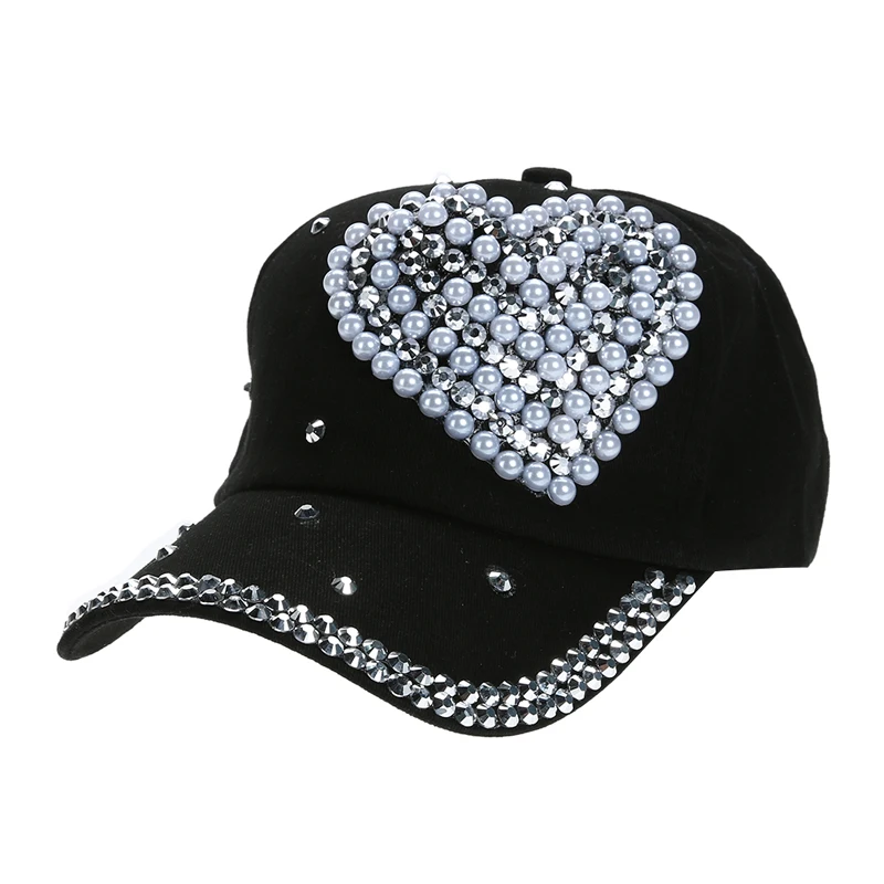 Heart Pearl Diamond Baseball Cap for Women 2018 Soft Adjustable