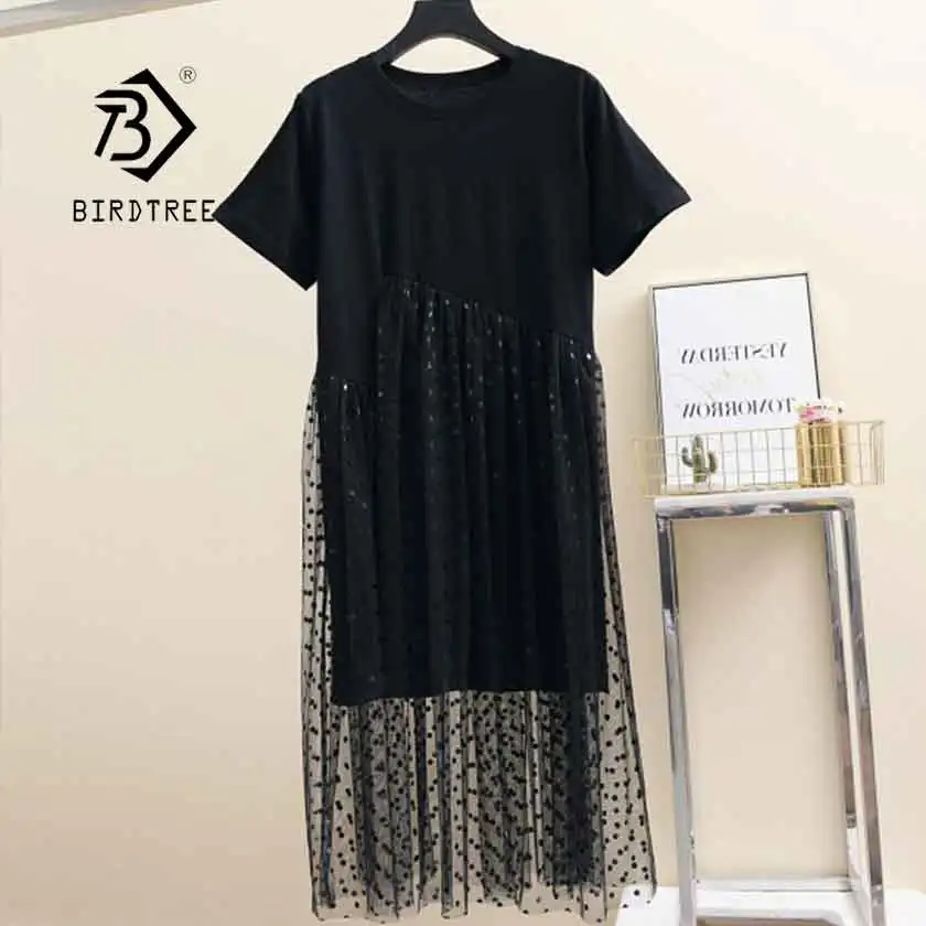 

2019 Summer Women's Plus Size L- 5XL Mesh Dress Patchwork O Neck Short Above Knee High Waist Lady Casual Style Hot Sale D94502Z