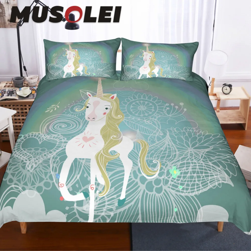

MUSOLEI Digital Printing Cute Unicorn Rainbow and Floral decoration Bedding set,Illustration Duvet cover set Home Textiles 3pc