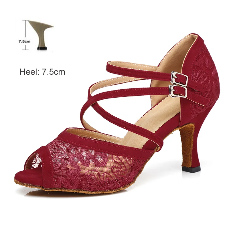 Танцевальная обувь для бальных танцев для женщин, девушек, дам, Танго/бальных/латинских танцев, на высоком каблуке, пикантная сетчатая домашняя танцевальная обувь, Прямая поставка - Цвет: Red 7.5cm