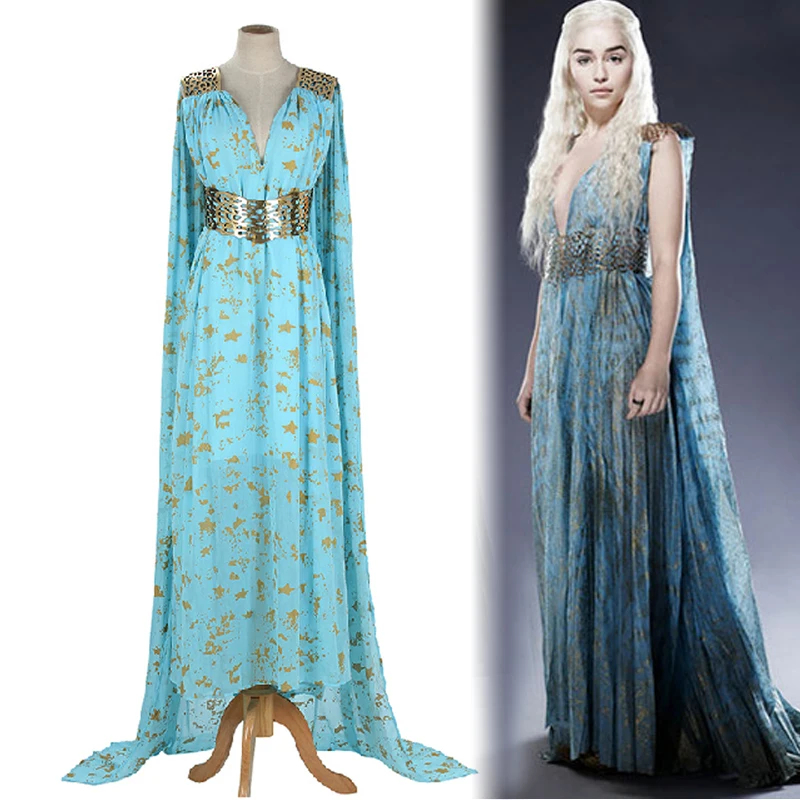 Game of Thrones Daenerys Targaryen Cosplay Costume Halloween party long Blu...