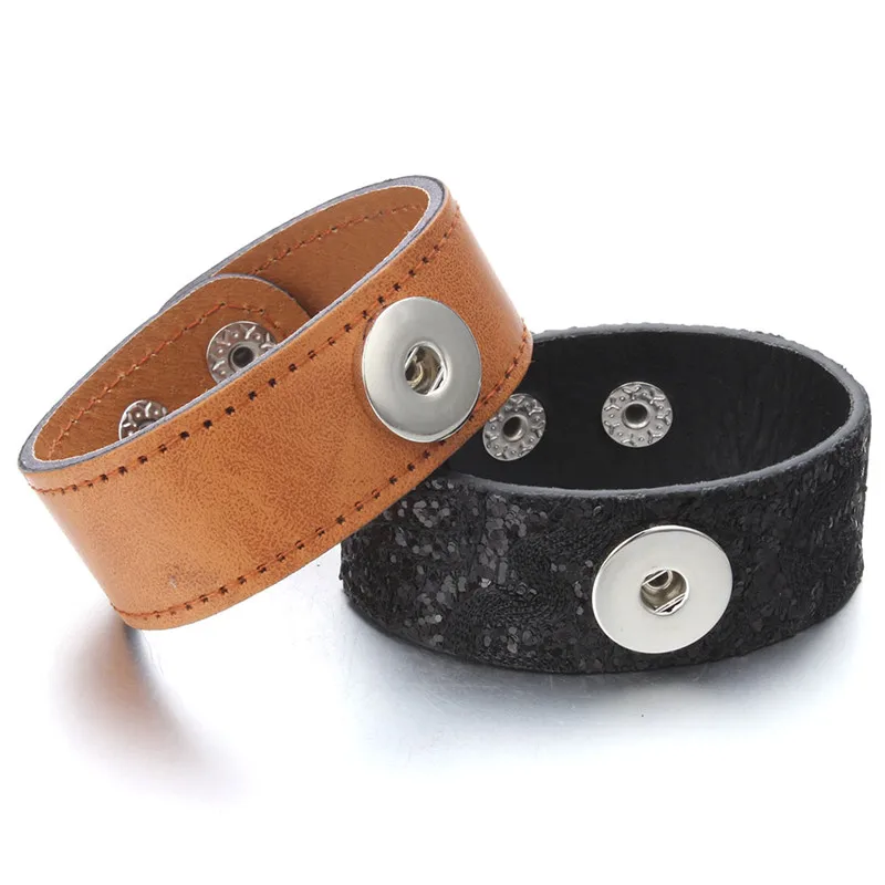 

Newest Snap Jewelry Wide Leather Snap Button Watches Bracelet 18mm Snap Bracelets Simple Leather Bangle For Women Men ZE573