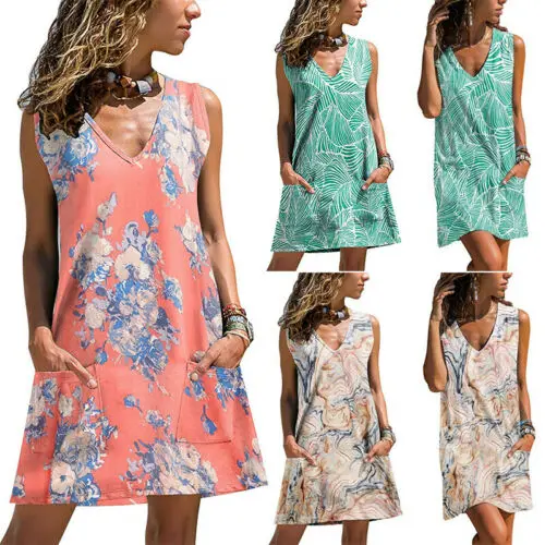 

New 2019 Women Summer Sleeveless Evening Party Beach Dress Casual Daily Loose Floral Dresses