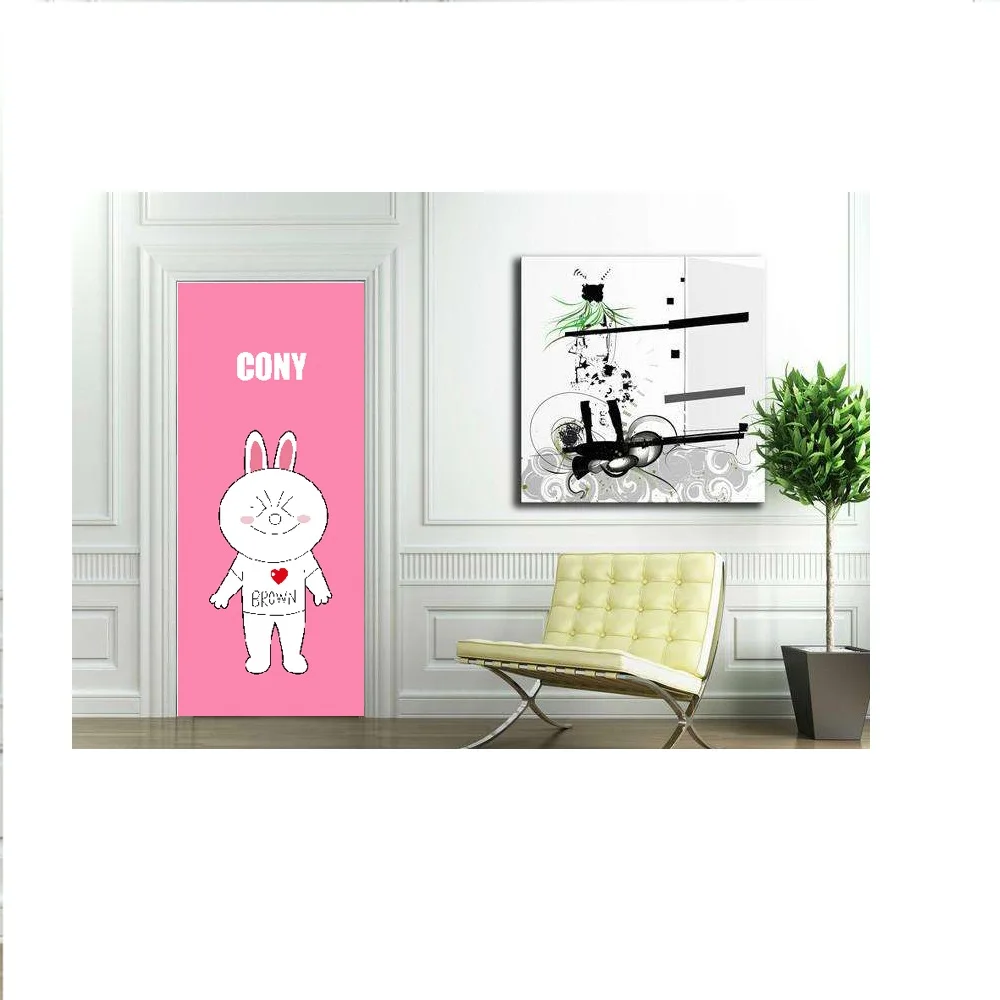

90x200cm Cartoon Rabbit Cony Home Decor Door Stickers Self Adhesive Pink Door Mural For Kids Room Girls Bedroom DIY Renovation
