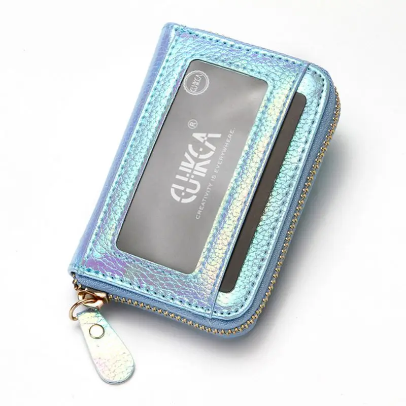 Women Hologram PU Leather Credit Card Holder Purse with RFID Protector Small Zip Around Wallet