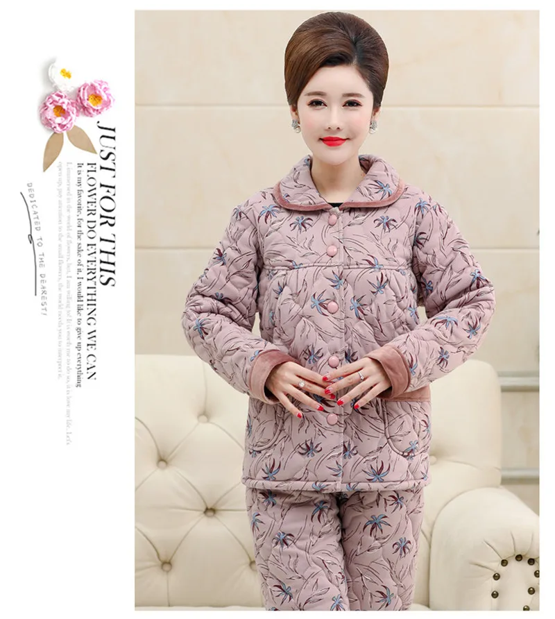 Зимний женский пижамный комплект среднего возраста, модная Пижама для мамы, теплый трехслойный стеганый пижамный комплект с хлопковой подкладкой 310