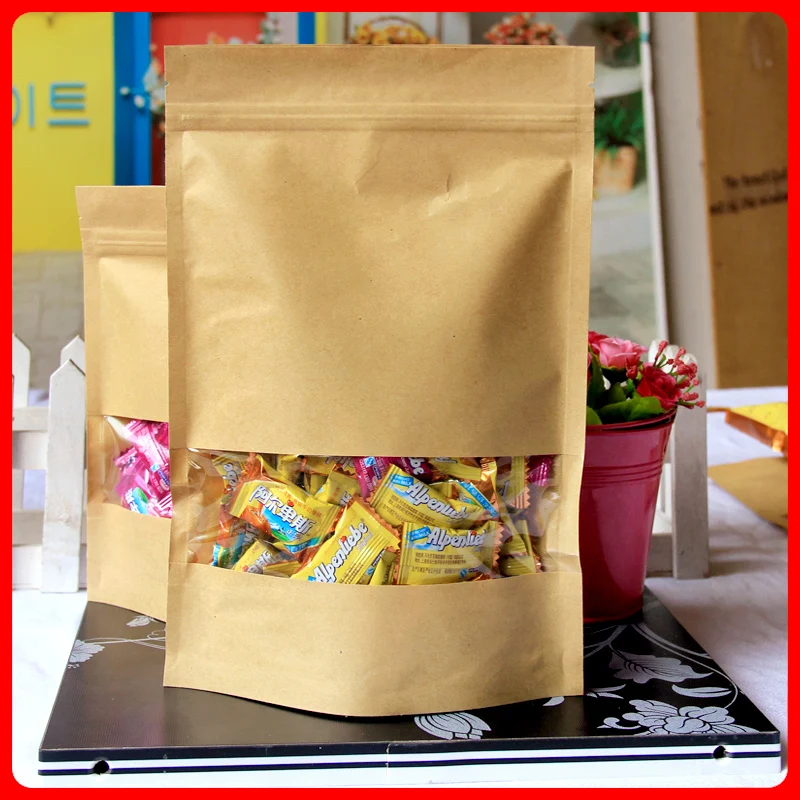 

Free Shipping 100pcs/lot 16cm*26cm+4cm Bottom *140mic High Quality Food Kraft Paper Bags With Window Stand Up With Zipper Bags
