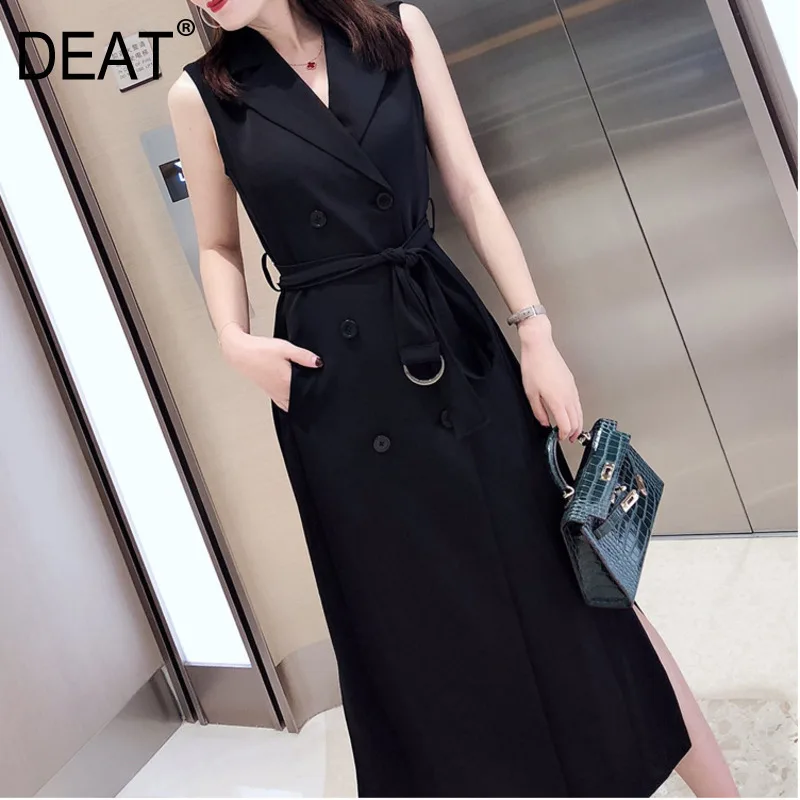 

DEAT 2019 new summer fashion women clothes turn-down collar sleeveless double breasted high wast pleated vest dress WG83901L