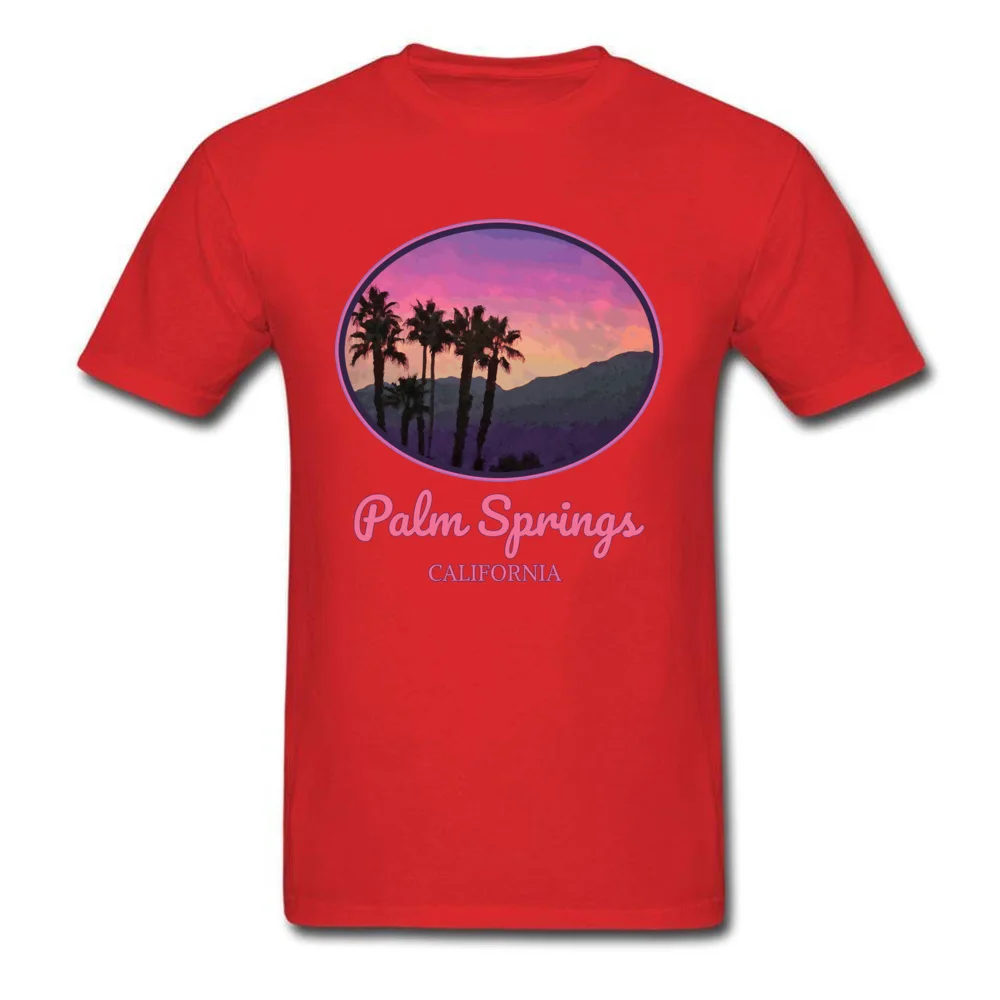 Mens 2018 New Normal Tops T Shirt Crewneck NEW YEAR DAY 100% Cotton Top T-shirts Fashionable Short Sleeve Customized Tee Shirts Palm Springs California. Sunset Mountains Palm Trees Cool Retr red