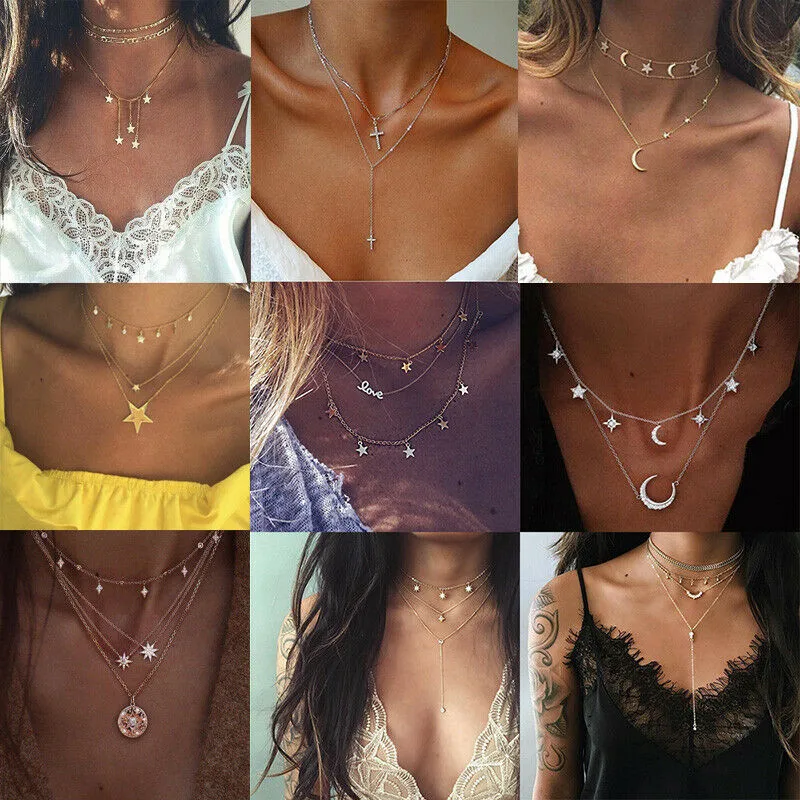 

Bohemian Multi Layer Pendant Necklaces for Women Fashion Golden Geometric Charm Chains Necklace Jewelry