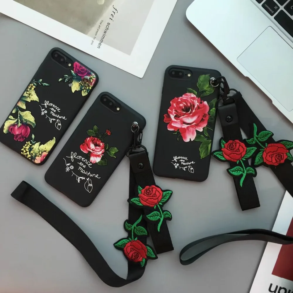 

Fashion Super Hot 3D Rose embroidery Stud Rivet Wrist Strap Soft TPU Phone Case Cover For Iphone 7 6 6S Plus