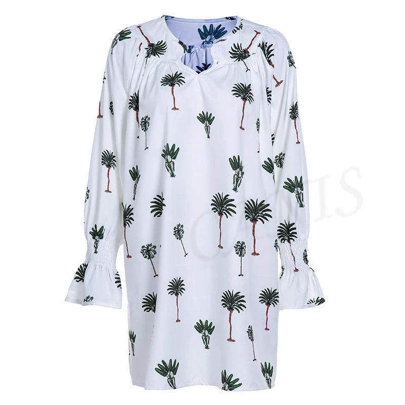 Женское пляжное платье с принтом пальмовых листьев, богемное пляжное платье с длинным рукавом для женщин, бикини, летнее солнцезащитное платье, туника, Vestido