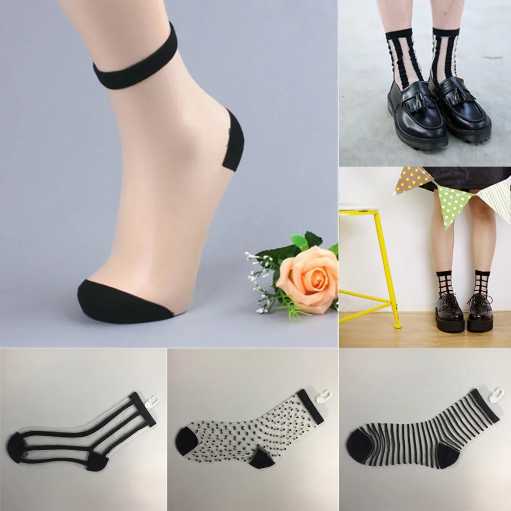 

NewWomen Ladies Fashion Sheer Mesh Glass Silk Socks Ultrathin Transparent Crystal Lace Elastic Summer Ankle Socksdrop shopping