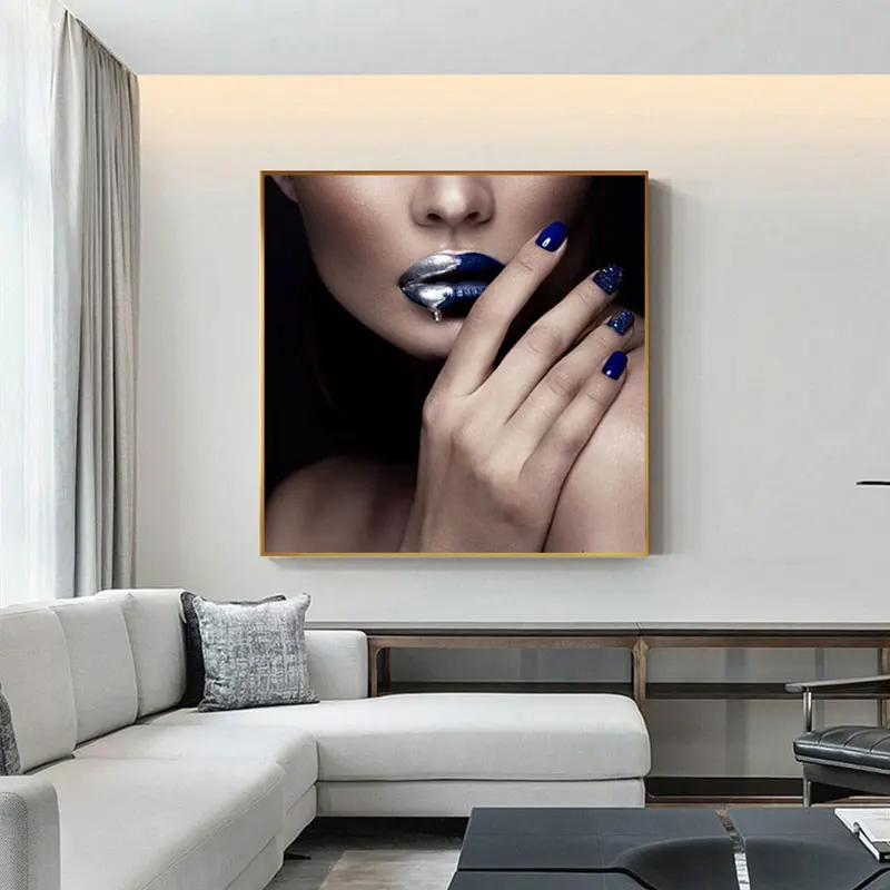 Мода сексуальная девушка губы алмаз стены Искусство ногтей Красота плакат печать Современная Картина на холсте для гостиной дизайн ногтей стол салон