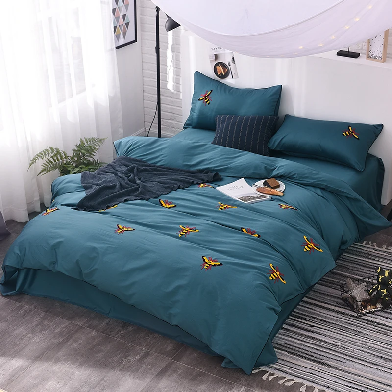 60S cotton bee embroidered font b cute b font Bedding set king queen size bed linen