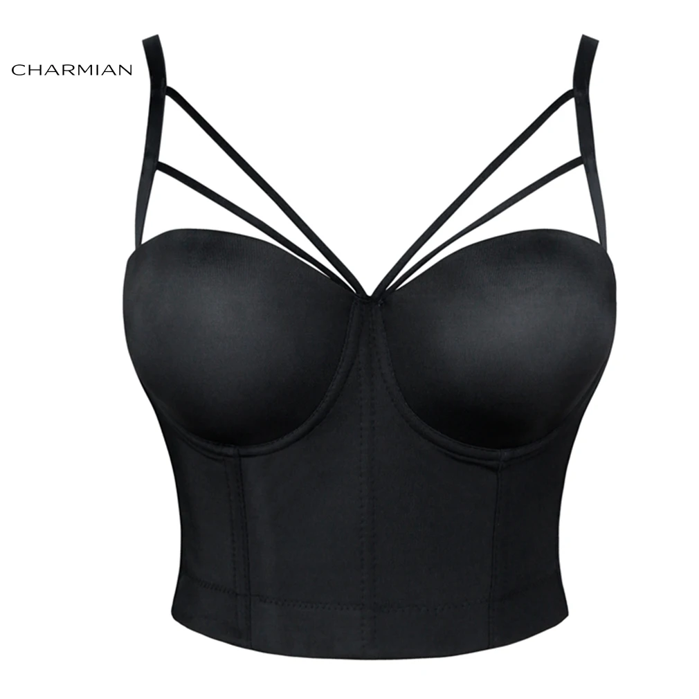 

Charmian Women's Sexy Black Strappy Padded Underwire B Cup Bustier Bra Clubwear Crop Top