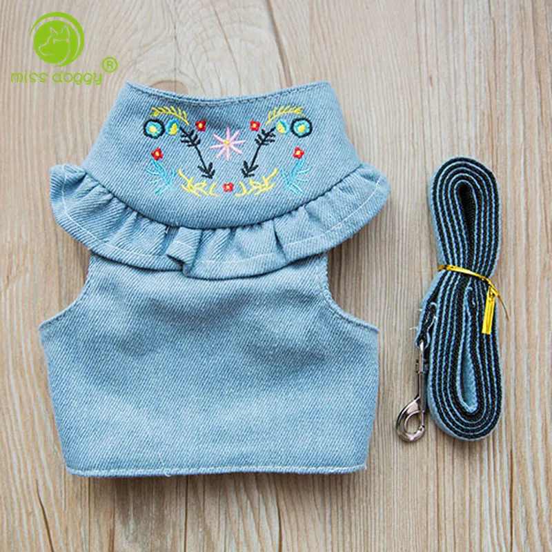 Denim Dog Harness and Leash Jeans Pet Vest Jacket For Small Puppy Dogs