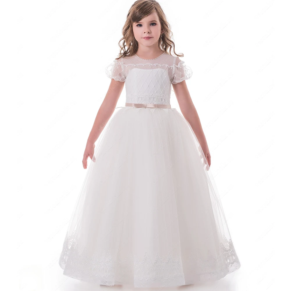 

Lovely Pure White Flower Girl Dresses with Bow Lace Appliques Button Back Girls Wedding Party Dress Pageant Gown 2-16 Year