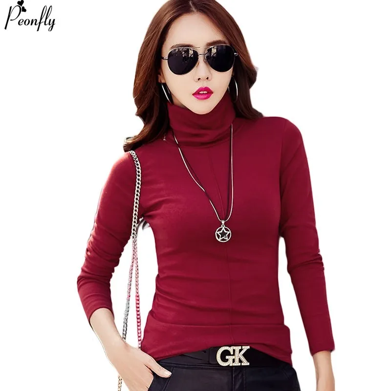 

PEONFLY Pullovers Women Sweater Long Sleeve Turtleneck Clothes Female Solid Color Casual Cotton Jumper Tops Autumn BLACK 3-XXXL