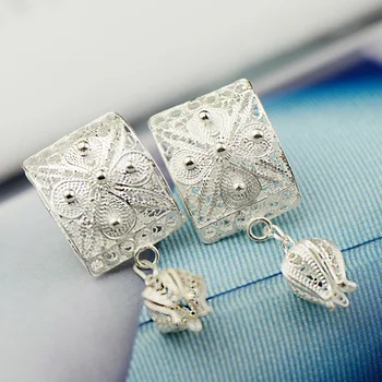 

925 Sterling Silver Ethnic Dangle Earrings Vintage Flower Drop Earrings For Women Korean Fashion Jewelry Boucles D Oreille Femme