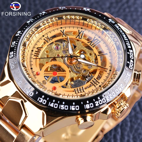 Men's Mechanical Hand Wind Watch Fashion Golden Openwork Design Number Watch Bezel Wrist Watch Stainless Steel Band