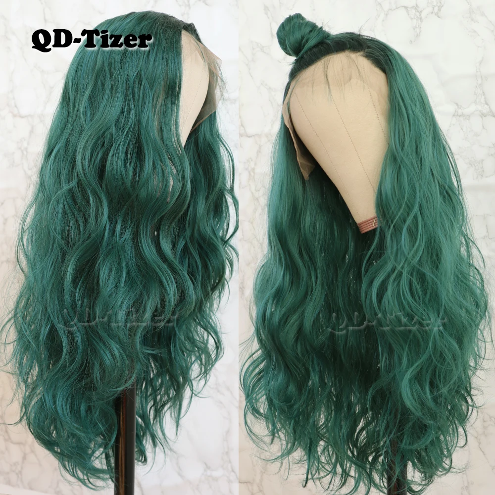 QD-Tizer Hair Loose Wave Hair Lace Wig with BabyHair Glueless Heat Resistant Synthetic Lace Front Wigs for Women Ombre Green Wig