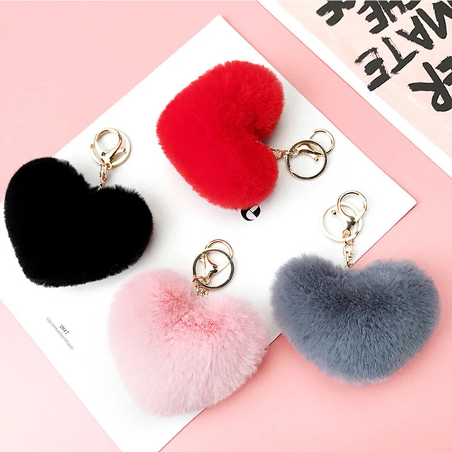 Cute Heart Pompom Keychain Charms Pearl Tassel Fluffy Flush Faux Rabbit Fur  Key Chains for Women Girl Heart Bag Charms Pendant - AliExpress