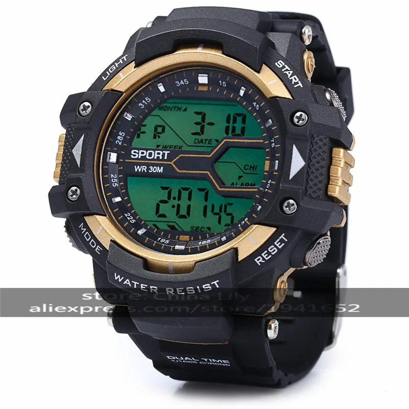 

2016 30m Waterproo Multifunctional Male LED Sports Watch Round Digital Sports Watch With Plastic Strap & Alarm Clock 83338G