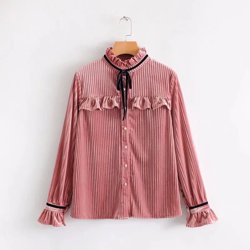 Autumn Winter Tops Long Sleeve Velvet Blouse Women Sweet Flare Sleeve Ruffled Lace Up Pleated