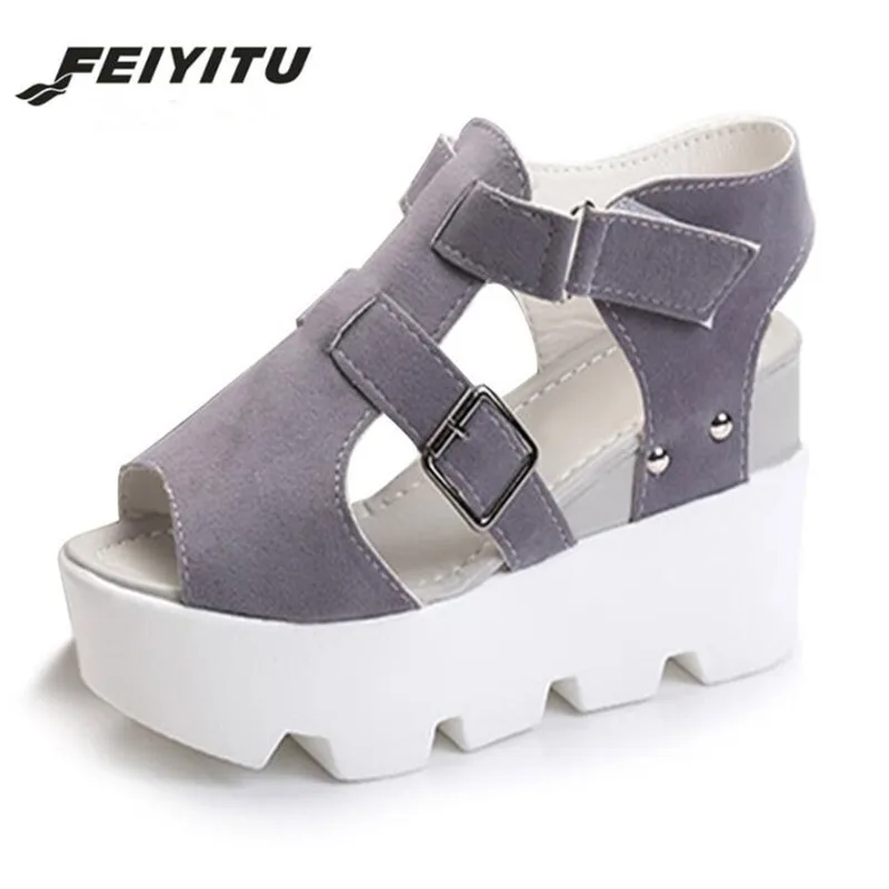 

FeiYiTu 2018 Summer women Open Toe sandals platform Fashion sandals wild simple shoes shook students wedges shoes White Black