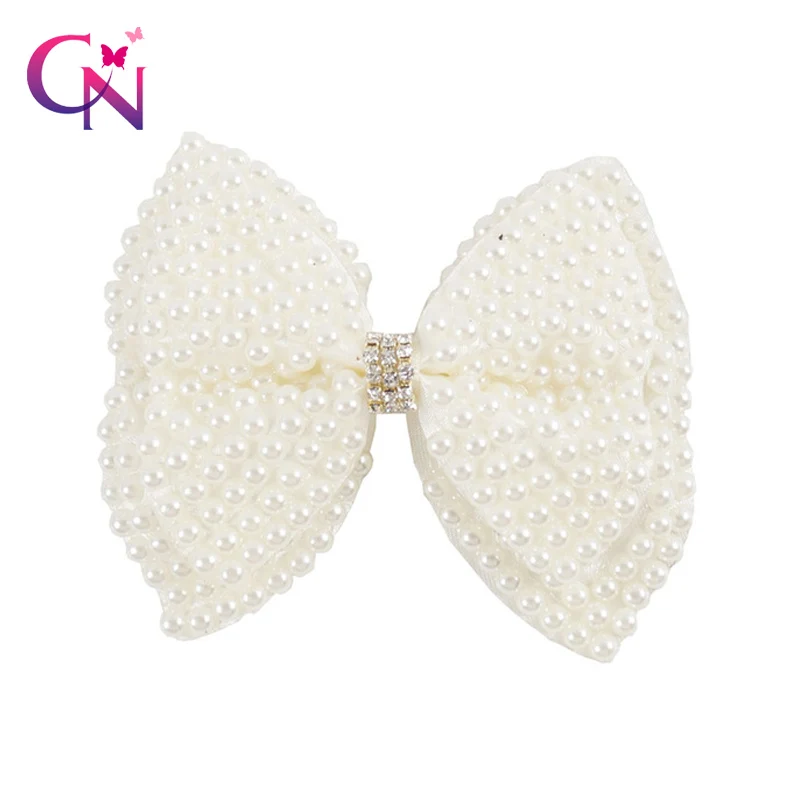 

6 Pieces/lot 4" White Pearl Hair Bows With Clips For Kids Girls Boutique Layers Rhinestone Bling Bows Hairpins Hair Accessories