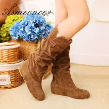 Женские сапоги до колена; женские высокие сапоги из замши, визуально увеличивающие рост; теплые зимние сапоги в стиле ретро без застежки, со складками, на шнуровке; Цвет Черный