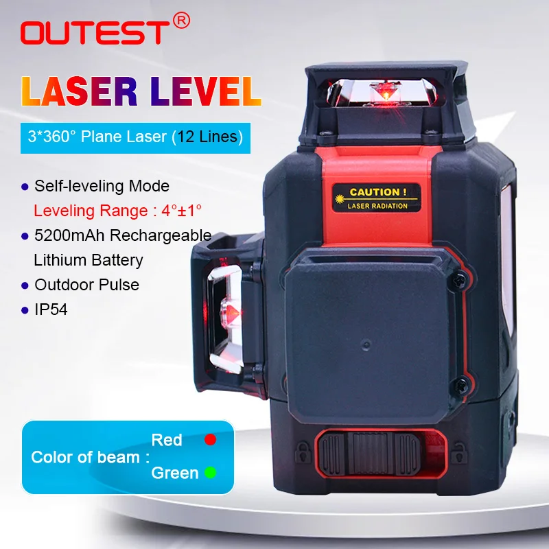 

OUTEST Laser Level meter 903C green/red beam 12 lines Self-leveling 3*360 Without dead ends Plane Laser Leveler with Battery